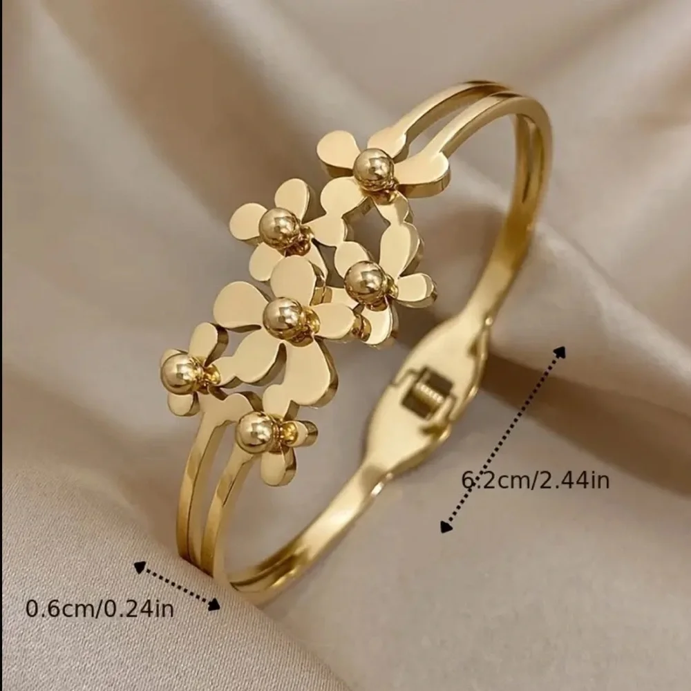 Women’s Gold Plated Abloom Dainty Bracelet Floral Blossom Charm Bangle, Feminine